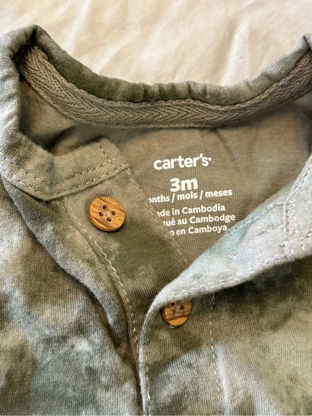 Carter's Olive Green Tie-Dye Baby Romper with Wood Buttons